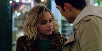 Movie still from “Last Christmas” (2019), directed by Paul Feig – A woman in a leopard print jacket looking at a man in a leopard print jacket; Close Up shot, Over the shoulder angle