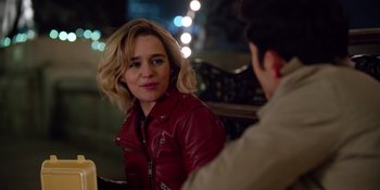 Movie still from “Last Christmas” (2019), directed by Paul Feig – A woman in a red leather jacket talking to a man; Close Up shot, Over the shoulder angle