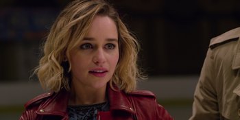 Movie still from “Last Christmas” (2019), directed by Paul Feig – A person wearing a red leather jacket; Close Up shot, Over the shoulder angle