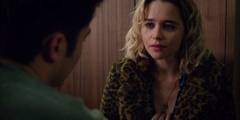 Movie still from “Last Christmas” (2019), directed by Paul Feig – A woman in a leopard print jacket looking at a man in a leopard print jacket; Close Up shot, Over the shoulder angle