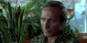 Movie still from “Law of Desire” (1987), directed by Pedro Almodóvar – A person wearing a hawaiian shirt; Close Up shot, High angle