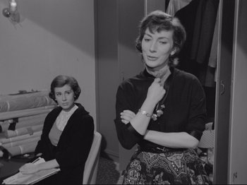 Movie still from “The Girlfriends” (1955), directed by Michelangelo Antonioni – Two women are sitting in front of each other; Medium shot, Over the shoulder angle