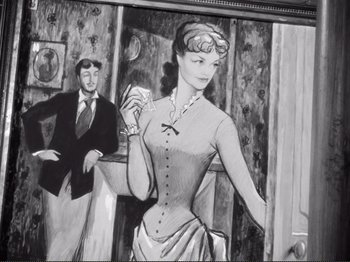 Movie still from “Le Plaisir” (1952), directed by Max Ophüls – A painting of a man and a woman in a restaurant; Medium shot, Low angle