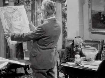 Movie still from “Le Plaisir” (1952), directed by Max Ophüls – An older man in a suit is drawing a picture; Medium shot, Over the shoulder angle