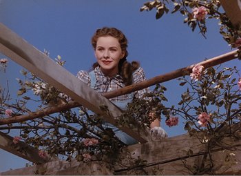 Movie still from “Leave Her to Heaven” (1945), directed by John M. Stahl – A young woman standing on top of a wooden fence; Medium shot, Low angle