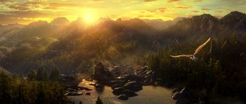 Movie still from “Legend of the Guardians: The Owls of Ga'Hoole” (2010), directed by Zack Snyder – The sun is setting over the mountains and a river; Extreme Wide shot, High angle