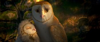 Movie still from “Legend of the Guardians: The Owls of Ga'Hoole” (2010), directed by Zack Snyder – An owl sitting next to a baby owl; Close Up shot, High angle