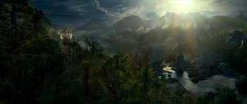 Movie still from “Legend of the Guardians: The Owls of Ga'Hoole” (2010), directed by Zack Snyder – A painting of a forest with a mountain in the background; Extreme Wide shot, High angle