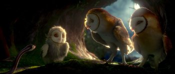 Movie still from “Legend of the Guardians: The Owls of Ga'Hoole” (2010), directed by Zack Snyder – An owl and an owl standing next to each other in a forest; Close Up shot, Low angle