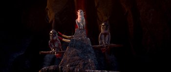 Movie still from “Legend of the Guardians: The Owls of Ga'Hoole” (2010), directed by Zack Snyder – A group of birds sitting on top of a rock; Wide shot, High angle