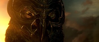 Movie still from “Legend of the Guardians: The Owls of Ga'Hoole” (2010), directed by Zack Snyder – View of the face of a creature; Extreme Close Up shot, Low angle