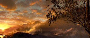 Movie still from “Legend of the Guardians: The Owls of Ga'Hoole” (2010), directed by Zack Snyder – The sun is setting over a mountain range; Extreme Wide shot, Low angle