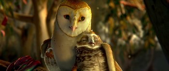 Movie still from “Legend of the Guardians: The Owls of Ga'Hoole” (2010), directed by Zack Snyder – Two owls sitting next to each other on a branch; Extreme Close Up shot, Low angle