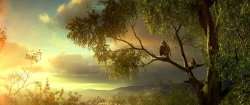 Movie still from “Legend of the Guardians: The Owls of Ga'Hoole” (2010), directed by Zack Snyder – An owl sitting on a branch of a tree; Extreme Wide shot, Low angle