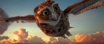 Movie still from “Legend of the Guardians: The Owls of Ga'Hoole” (2010), directed by Zack Snyder – An owl is flying in the air with its wings spread; Wide shot, Overhead angle