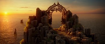 Movie still from “Legend of the Guardians: The Owls of Ga'Hoole” (2010), directed by Zack Snyder – An archway in the middle of a rocky cliff; Extreme Wide shot, High angle