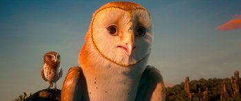 Movie still from “Legend of the Guardians: The Owls of Ga'Hoole” (2010), directed by Zack Snyder – An owl's face in the sunlight; Close Up shot, Low angle
