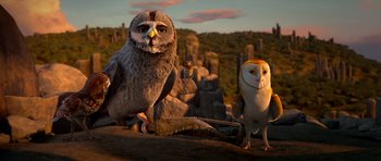 Movie still from “Legend of the Guardians: The Owls of Ga'Hoole” (2010), directed by Zack Snyder – Two owls standing next to each other on a cliff; Wide shot, Low angle