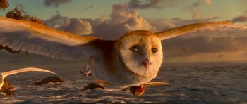 Movie still from “Legend of the Guardians: The Owls of Ga'Hoole” (2010), directed by Zack Snyder – An owl flying over a body of water; Close Up shot, Low angle