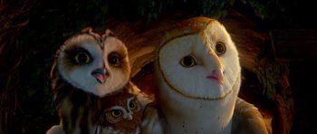 Movie still from “Legend of the Guardians: The Owls of Ga'Hoole” (2010), directed by Zack Snyder – A group of owls sitting next to each other on the ground; Close Up shot, High angle