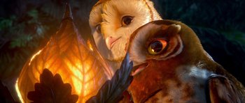 Movie still from “Legend of the Guardians: The Owls of Ga'Hoole” (2010), directed by Zack Snyder – Two owls in a forest; Extreme Close Up shot, Low angle