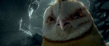 Movie still from “Legend of the Guardians: The Owls of Ga'Hoole” (2010), directed by Zack Snyder – An owl's face in front of a cloudy sky; Extreme Close Up shot, Low angle