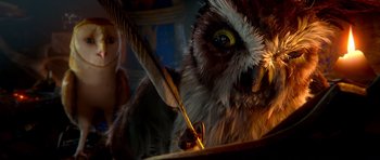 Movie still from “Legend of the Guardians: The Owls of Ga'Hoole” (2010), directed by Zack Snyder – An image of an owl holding a quill pen; Close Up shot, Low angle