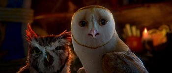 Movie still from “Legend of the Guardians: The Owls of Ga'Hoole” (2010), directed by Zack Snyder – An owl is standing next to a dog; Close Up shot, Low angle