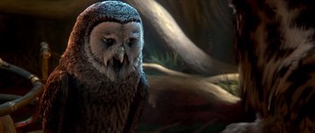 Movie still from “Legend of the Guardians: The Owls of Ga'Hoole” (2010), directed by Zack Snyder – An owl in a forest setting; Close Up shot, Low angle