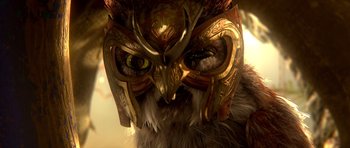 Movie still from “Legend of the Guardians: The Owls of Ga'Hoole” (2010), directed by Zack Snyder – An owl wearing a mask; Extreme Close Up shot, Low angle