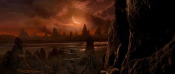 Movie still from “Legend of the Guardians: The Owls of Ga'Hoole” (2010), directed by Zack Snyder – An image of an alien landscape with an eclipse in the background; Extreme Wide shot, High angle