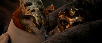 Movie still from “Legend of the Guardians: The Owls of Ga'Hoole” (2010), directed by Zack Snyder – View of some masks on a rock; Close Up shot, Low angle