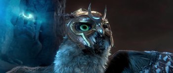 Movie still from “Legend of the Guardians: The Owls of Ga'Hoole” (2010), directed by Zack Snyder – An image of an owl with a helmet on its head; Close Up shot, High angle