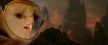 Movie still from “Legend of the Guardians: The Owls of Ga'Hoole” (2010), directed by Zack Snyder – An image of an owl in the middle of the night; Extreme Close Up shot, Low angle