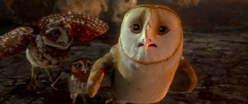 Movie still from “Legend of the Guardians: The Owls of Ga'Hoole” (2010), directed by Zack Snyder – An image of a owl that is looking at the camera; Close Up shot, Low angle