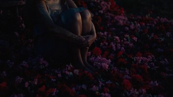 Movie still from “Lemonade” (2016), directed by Mark Romanek – A woman sitting in a bed of flowers with her hands on her knees; Wide shot, High angle