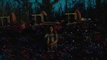 Movie still from “Lemonade” (2016), directed by Mark Romanek – A woman sitting in a field of flowers with a man laying on a bench; Extreme Wide shot, High angle
