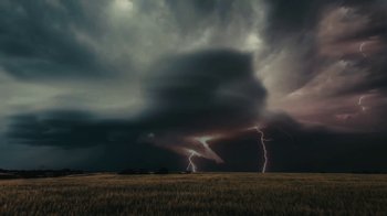 Movie still from “Lemonade” (2016), directed by Mark Romanek – A field that has a lot of lightning in the sky; Extreme Wide shot, Low angle