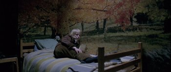 Movie still from “Let the Right One In” (2008), directed by Tomas Alfredson – A woman sitting on top of a bed in front of a forest; Wide shot, High angle