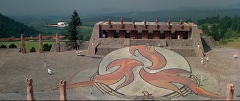 Movie still from “Licence to Kill” (1989), directed by John Glen – An aerial view of a building with a large mosaic floor; Extreme Wide shot, High angle