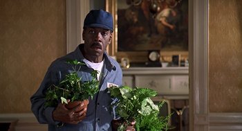 Movie still from “Life” (1999), directed by Ted Demme – A man holding two pots of plants in a living room; Medium shot, Low angle