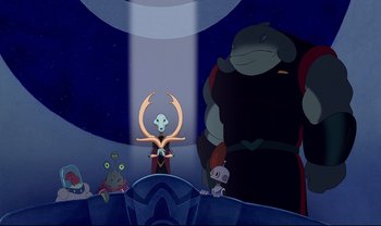 Movie still from “Lilo & Stitch” (2002), directed by Dean DeBlois – A group of people standing in front of a light beam; Extreme Wide shot, Low angle
