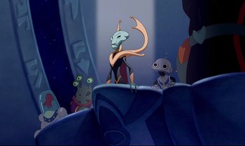 Movie still from “Lilo & Stitch” (2002), directed by Dean DeBlois – A group of people standing next to each other in front of a clock; Wide shot, Over the shoulder angle