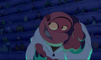 Movie still from “Lilo & Stitch” (2002), directed by Dean DeBlois – A cartoon character with a white shirt on; Close Up shot, High angle