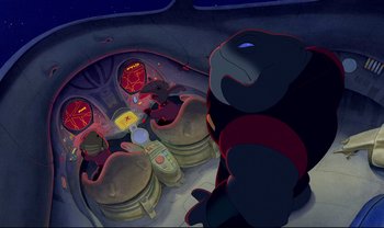 Movie still from “Lilo & Stitch” (2002), directed by Dean DeBlois – A scene from the movie atlantis with a large creature; Wide shot, High angle