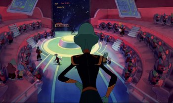 Movie still from “Lilo & Stitch” (2002), directed by Dean DeBlois – A cartoon of a person in a space suit looking out at a crowd of people; Extreme Wide shot, Over the shoulder angle