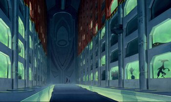 Movie still from “Lilo & Stitch” (2002), directed by Dean DeBlois – An animated picture of a building with a lot of windows; Extreme Wide shot, Low angle