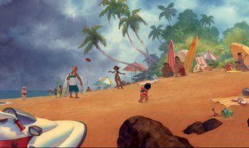 Movie still from “Lilo & Stitch” (2002), directed by Dean DeBlois – A painting of a beach scene with people playing frisbee and surfboards in the background; Extreme Wide shot, Low angle