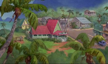 Movie still from “Lilo & Stitch” (2002), directed by Dean DeBlois – A painting of a house with a red roof; Extreme Wide shot, High angle