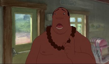 Movie still from “Lilo & Stitch” (2002), directed by Dean DeBlois – A man with a hawaiian lei in front of a window; Close Up shot, Over the shoulder angle
